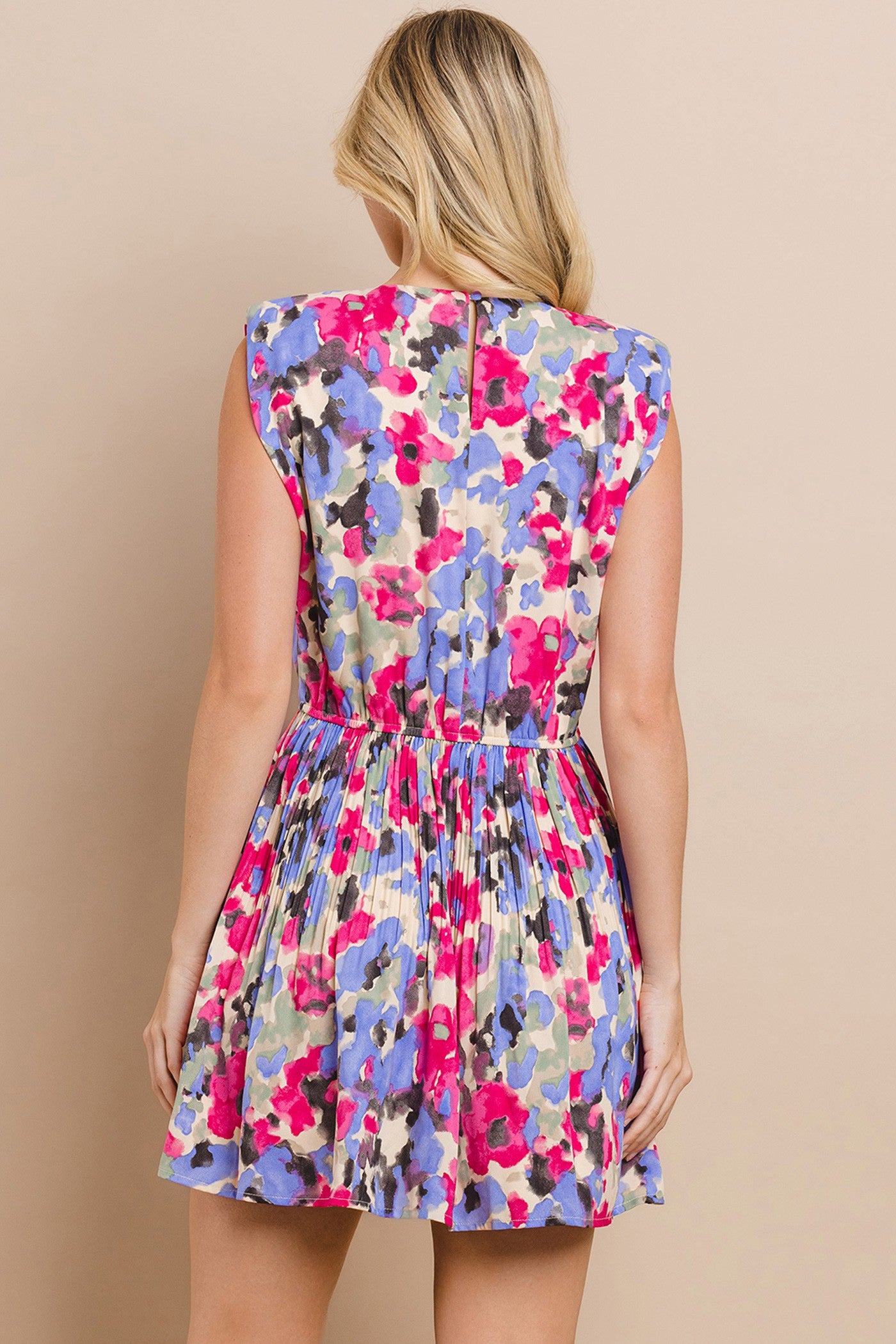 Abstract Floral Printed Shoulder Padded Dress