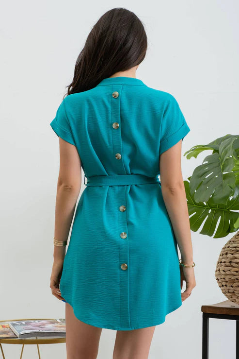 Back Buttoned Belted Mini Dress