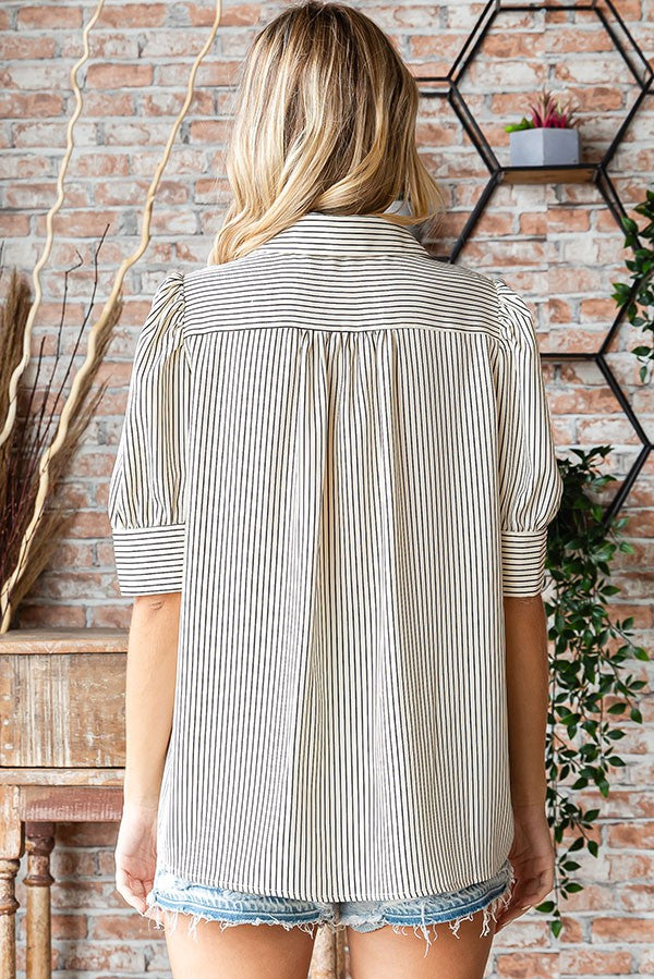 Striped Button Cuff Short Sleeve Collared Shirt