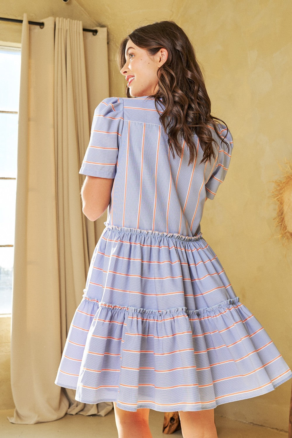 Orange & Blue Striped V Neck Ruffle Dress