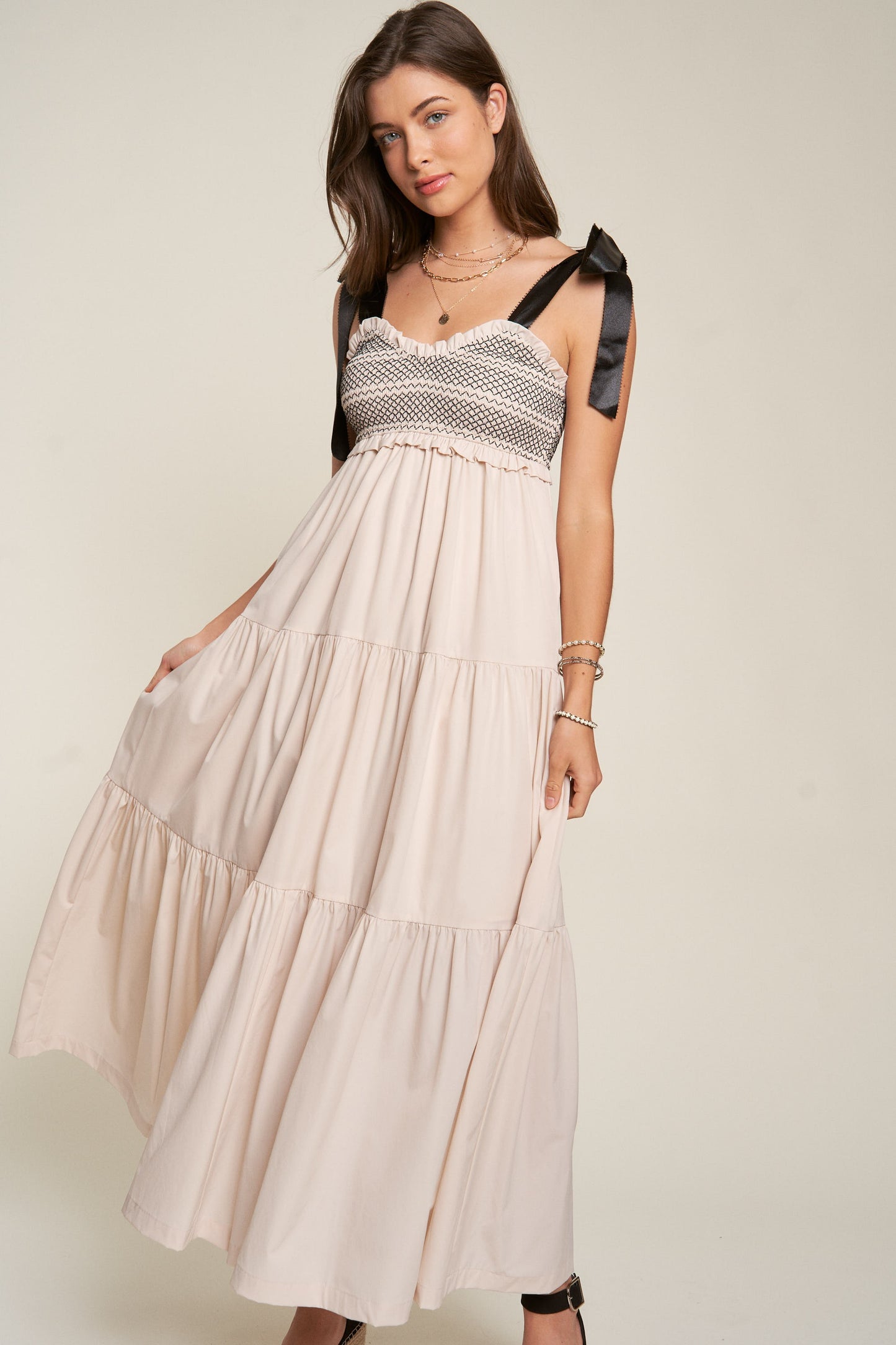 Smocked Bodice + Bow Tie Straps Maxi Dress