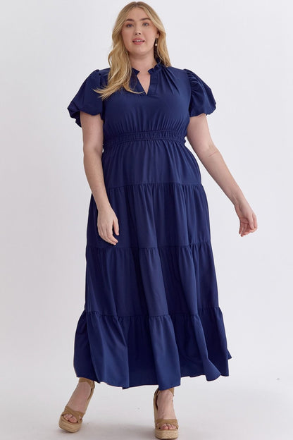 V-Neck Bubble Sleeve Midi Dress