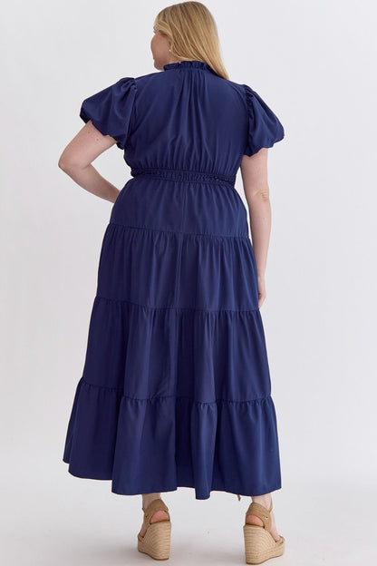 V-Neck Bubble Sleeve Midi Dress