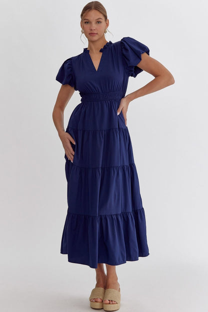 V-Neck Bubble Sleeve Midi Dress